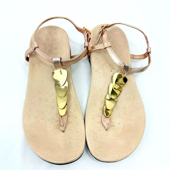 Vionic MIAMI Gold Stacked Metal Plate Embellished Orthotic Thong Sandals - Picture 5 of 13